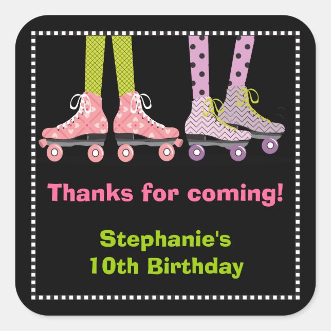 Pegatina Cuadrada Funky Chicas Roller Pegatinas de Favor del Patinaj (Anverso)