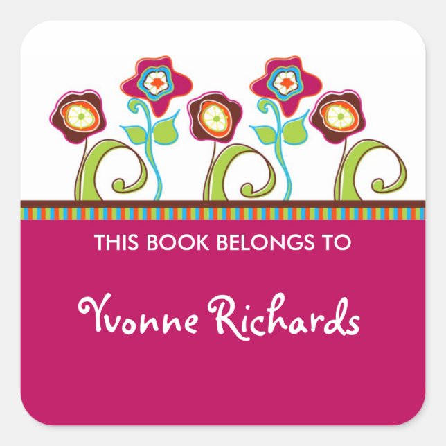 Pegatina Cuadrada Funky Flowers Square Book Labels (Anverso)