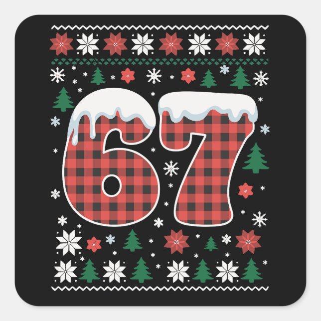 Pegatina Cuadrada Funny 67 Six Seven Meme Cringe Christmas Red Plaid (Anverso)