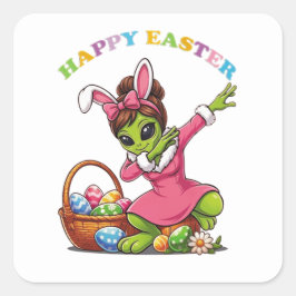Pegatina Cuadrada Funny Alien Easter Bunny Dabbing Cute Easter Egg