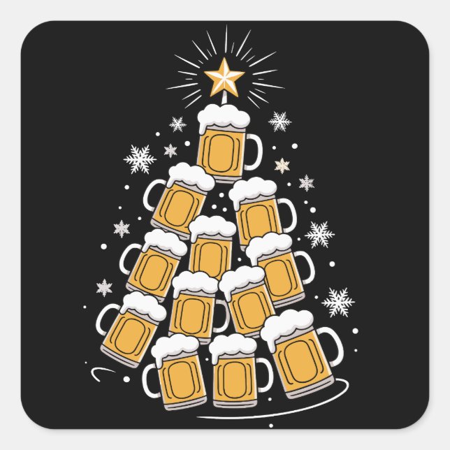Pegatina Cuadrada Funny Beer Christmas Tree Holiday Drinking (Anverso)