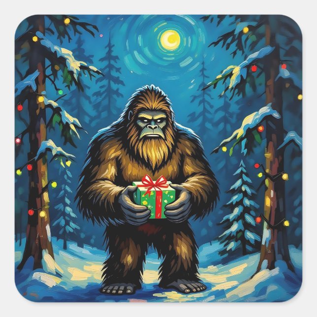 Pegatina Cuadrada Funny Bigfoot holding a Christmas Gift (Anverso)