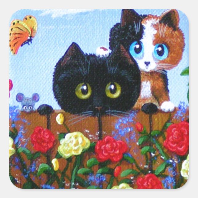 Pegatina Cuadrada Funny Black Cat Calico Butterfly Creationarts (Anverso)