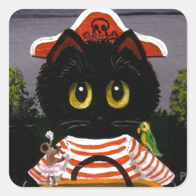 Pegatina Cuadrada Funny Black Cat Creationarts Lisa Adams (Anverso)