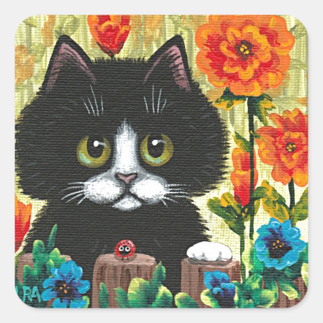 Pegatina Cuadrada Funny Black White Cat Creationarts  Sticker (Anverso)