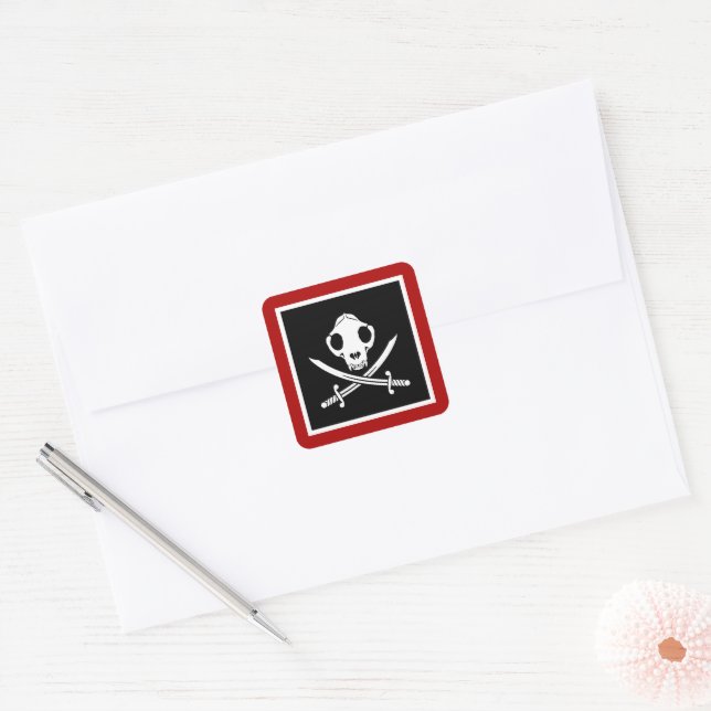 Pegatina Cuadrada Funny Black White Jolly Kitty Pirate Skull Hueso (Sobre)