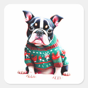 Pegatina Cuadrada Funny Boston Terrier en Navidades Sweater