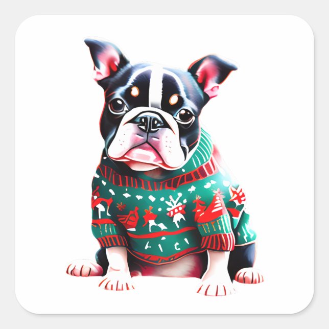 Pegatina Cuadrada Funny Boston Terrier en Navidades Sweater (Anverso)