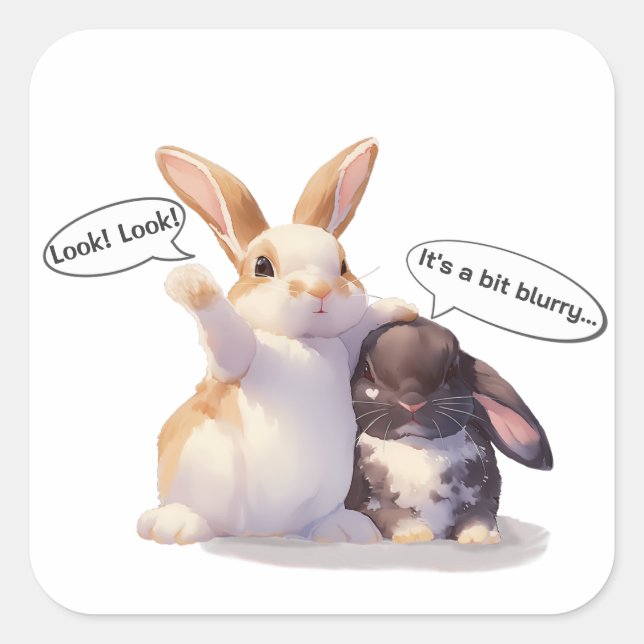 Pegatina Cuadrada Funny Bunny –[Look! Look!][It's a bit blurry...] (Anverso)