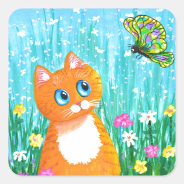 Pegatina Cuadrada Funny Cat Naranja Tabby Butterfly Summer (Anverso)
