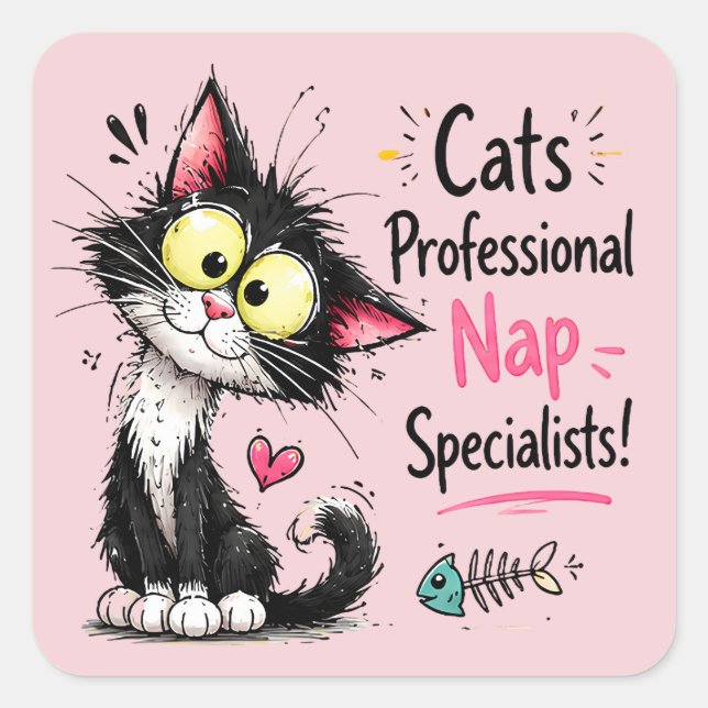 Pegatina Cuadrada Funny Cats Professional Nap Specialists Cartoon (Anverso)