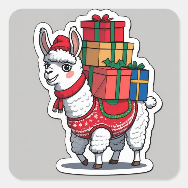 Pegatina Cuadrada Funny Christmas Llama Design – “Fa La La Llama” (Anverso)