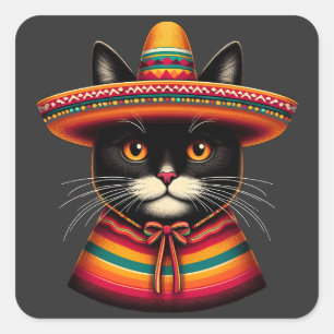 Pegatina Cuadrada Funny Cinco De Mayo Sombrero Festiva Gato Mexicano