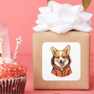 Pegatina Cuadrada Funny Corgi Usando Hoodie