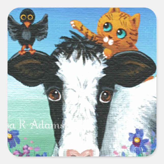 Pegatina Cuadrada Funny Cow Orange Cat Creationarts  Sticker (Anverso)