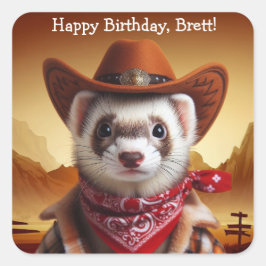 Pegatina Cuadrada Funny Cowboy Ferret Western Style Cumpleaños
