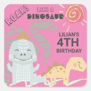 Pegatina Cuadrada Funny Dinosaur Roar Kids Birday Fiesta