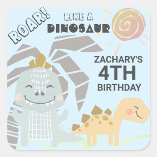 Pegatina Cuadrada Funny Dinosaur Roar Kids Birday Fiesta