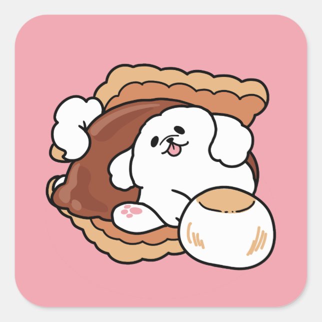 Pegatina Cuadrada Funny Dog and S’more Design – Kawaii Pet Lover Pun (Anverso)