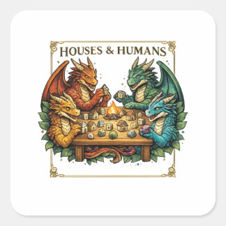 Pegatina Cuadrada Funny Dragon Houses and Humans Fantasy Art