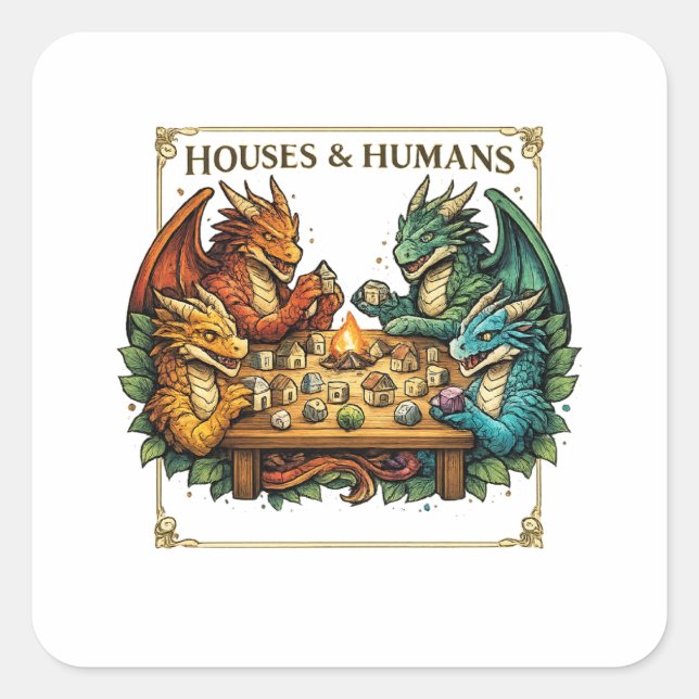 Pegatina Cuadrada Funny Dragon Houses and Humans Fantasy Art (Anverso)