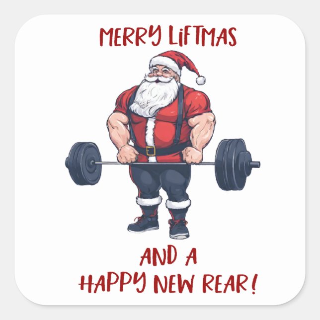 Pegatina Cuadrada Funny Fitness Navidades Liftmas Barbell Santa (Anverso)