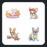 Pegatina Cuadrada Funny French Bulldog 4 Pegatinas Pack<br><div class="desc">Mejore sus pertenencias con nuestros Pegatinas Funny French Bulldog 4 Pack! Con encantadores diseños de un Bulldog francés durmiendo en un sofá, usando un sombrero de béisbol, montando un skateboard y luciendo gafas de sol, estos pegatinas duraderos y de alta calidad son ideales para cualquier amante de los perros. Perfecto...</div>