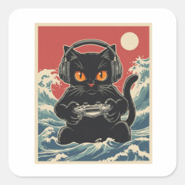 Pegatina Cuadrada Funny Gamer Cat Retro Controller Headphones Night