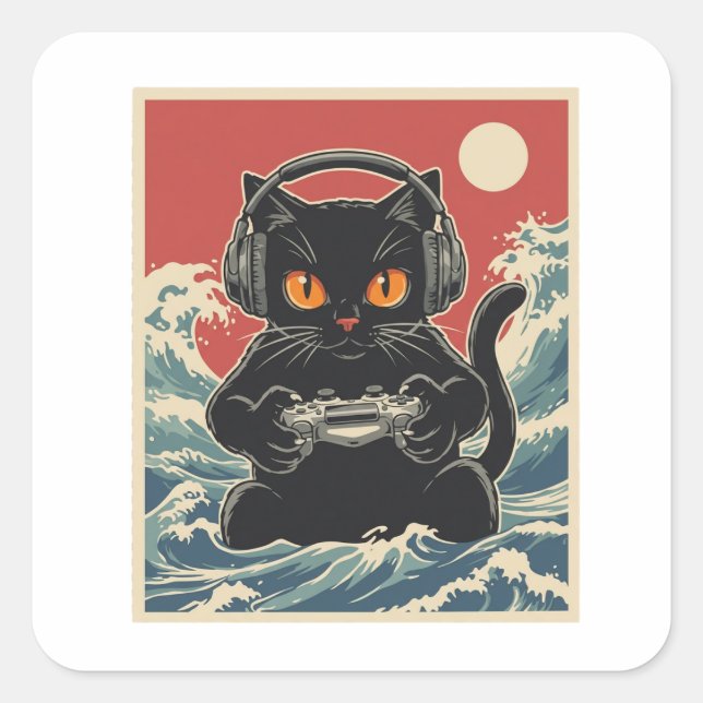 Pegatina Cuadrada Funny Gamer Cat Retro Controller Headphones Night (Anverso)
