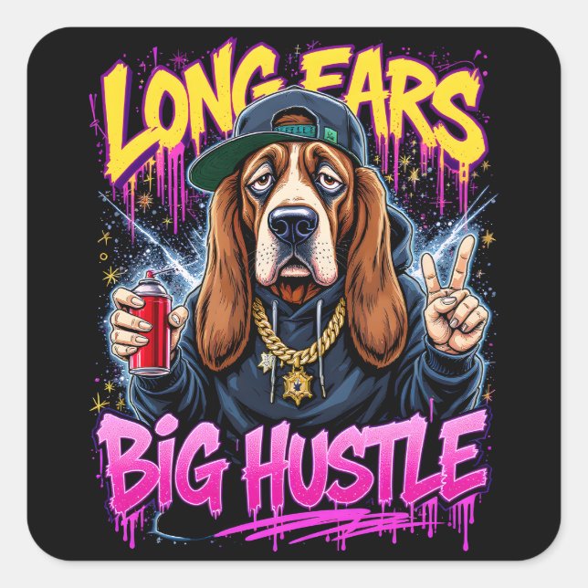 Pegatina Cuadrada Funny Gangsta Basset Hound Streetwear Design (Anverso)