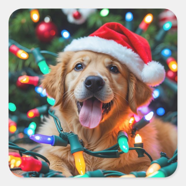 Pegatina Cuadrada Funny Golden Retriever Christmas Design – Puppy (Anverso)