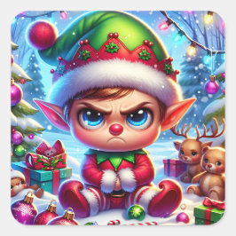 Pegatina Cuadrada Funny Grumpy Elf Navidades