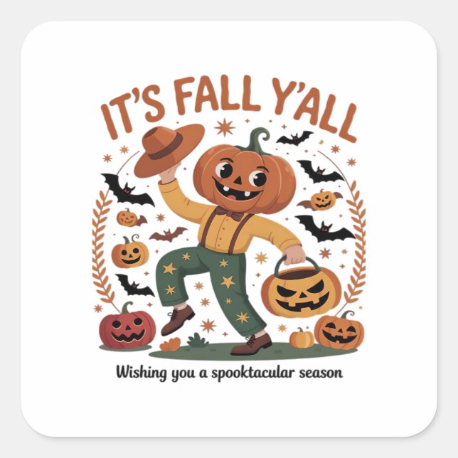 Pegatina Cuadrada Funny Halloween Otoño Cute Cae Todo Pumpki (Anverso)