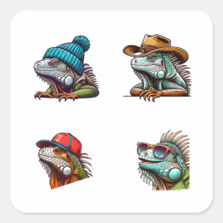 Pegatina Cuadrada Funny Iguana Personalizado Art 4 Pegatinas Pack