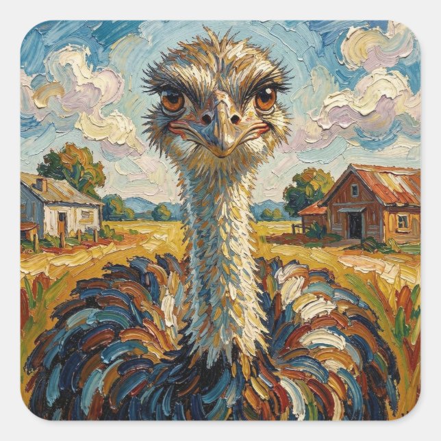Pegatina Cuadrada Funny Impasto Ostrich on a Ranch  (Anverso)