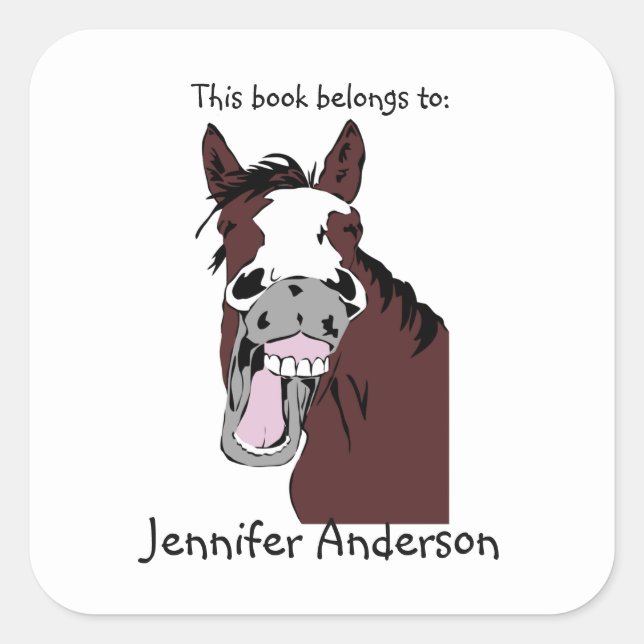 Pegatina Cuadrada Funny Laughing Horse Art Personalizado Bookplate (Anverso)