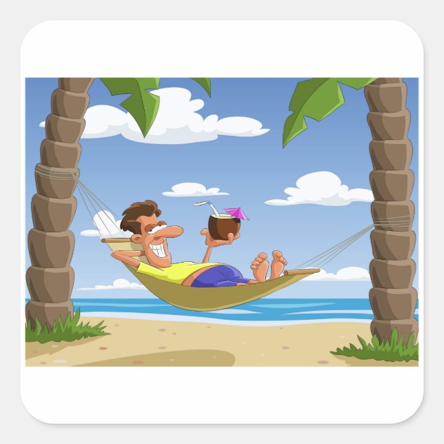 Pegatina Cuadrada Funny Man Relaxing in Beach Hammock (Anverso)
