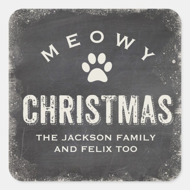 Pegatina Cuadrada Funny Meowy Merry Christmas Cat Paw Personalizado (Anverso)