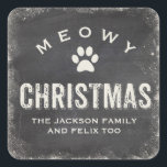 Pegatina Cuadrada Funny Meowy Merry Christmas Cat Paw Personalizado<br><div class="desc">Divertido pegatina festivo para amantes del gato con un texto de tipografía que dice "Navidades Meowy" y tu nombre/mensaje puesto contra un fondo vintage de tipografía nevada. Ideal para paquetes,  cartas y más,  ¡seguro que difundirás alegría de vacaciones con estos pegatinas!</div>
