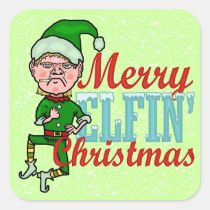 Pegatina Cuadrada Funny Merry Elfin Navidades Bah Humbug