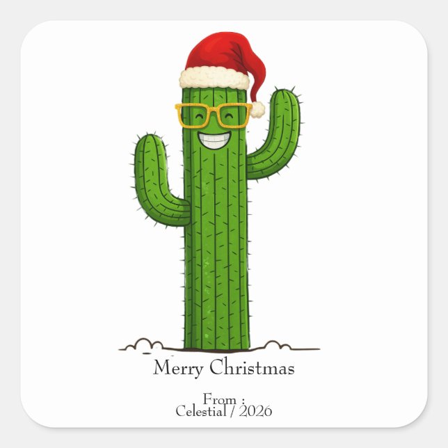 Pegatina Cuadrada Funny Navidades Cactus con Santa Hat y Glasses (Anverso)
