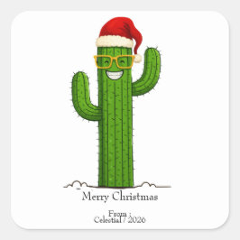 Pegatina Cuadrada Funny Navidades Cactus con Santa Hat y Glasses