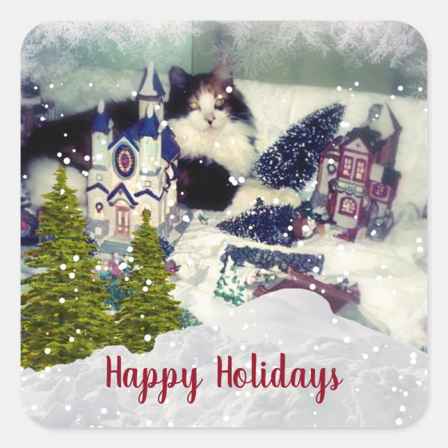 Pegatina Cuadrada Funny Navidades Calico Cat Template (Anverso)