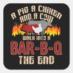 Pegatina Cuadrada Funny Pig Chicken Cow Bar B Q Bbq Chef Cookie Cook