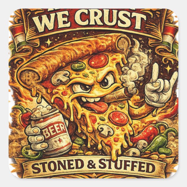 Pegatina Cuadrada Funny Pizza Sticker – In Pizza We Crust Retro Pizz (Anverso)