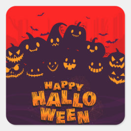 Pegatina Cuadrada Funny Pumphins murmura el fondo rojo Feliz Hallowe