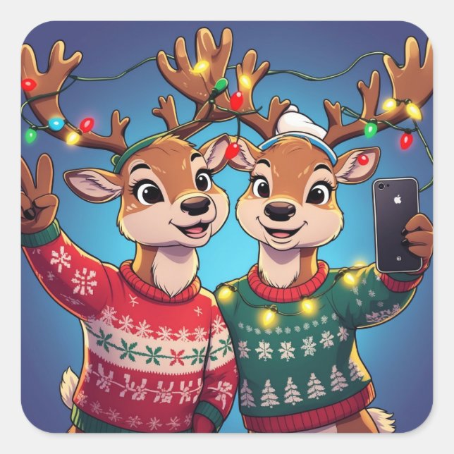 Pegatina Cuadrada Funny Reindeer Selfie with Christmas Sweaters and  (Anverso)