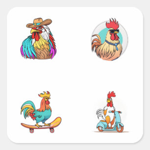 Pegatina Cuadrada Funny Rooster Cartoon Character 4 Pegatinas Pack