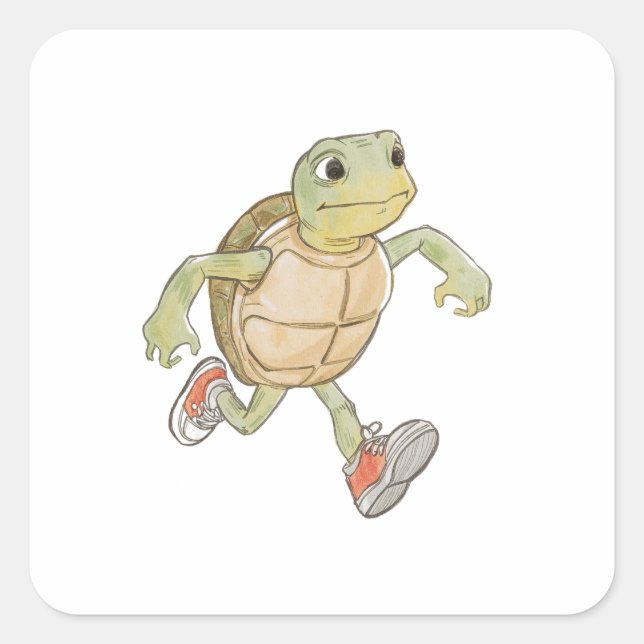 Pegatina Cuadrada Funny Running Turtle Sticker, Cartoon Animal Decal (Anverso)