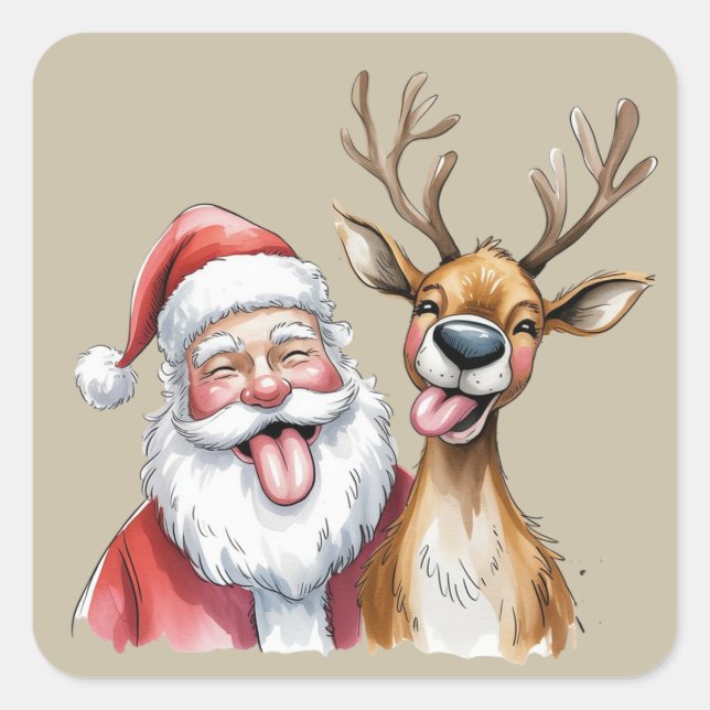 Pegatina Cuadrada Funny Santa Claus and Reindeer Christmas Winter (Anverso)